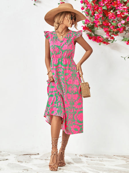 Pink & Green Printed Cap Sleeve Dress