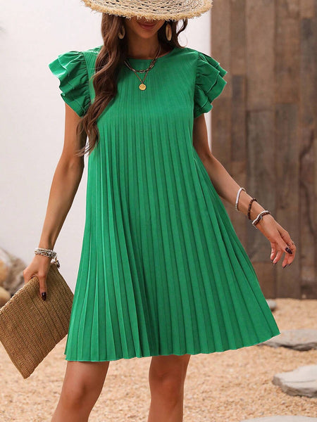 Green Pleated Cap Sleeve Dress