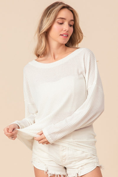 White Waffled Backless Drawstring Long Sleeve Top