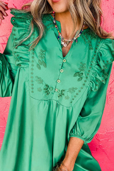 Green Embroidered Three-Quarter Sleeve Dress