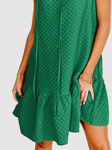 Green Ruffled Tie Neck Cap Sleeve Dress