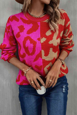 Leopard Round Neck Long Sleeve Sweater