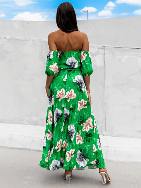 Pleated Floral Off-Shoulder Midi Dress