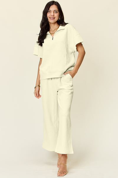 Two-Piece Textured Half Zip Top and Pants Set+