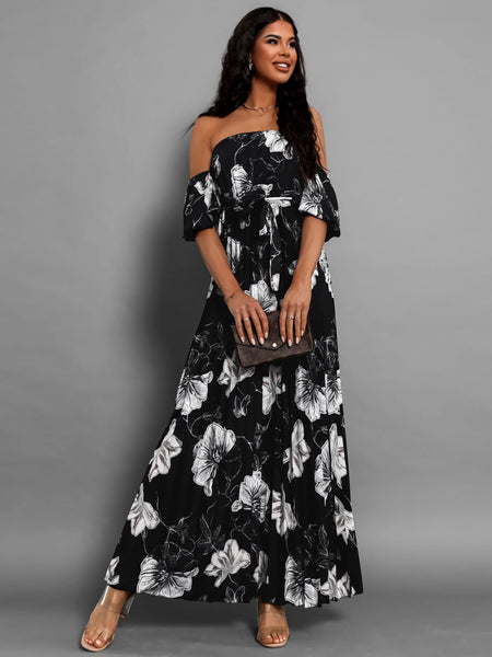 Pleated Floral Off-Shoulder Midi Dress