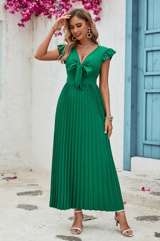 Tied Ruffled V-Neck Pleated Dress