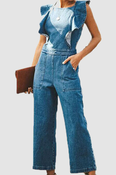 Ruffled Backless Sleeveless Denim Jumpsuit