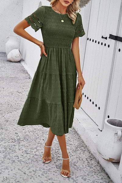 Smocked Round Neck Short Sleeve Midi Dress