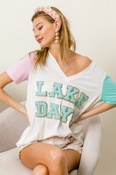 LAKE DAYS Letter Patch V-Neck T-Shirt