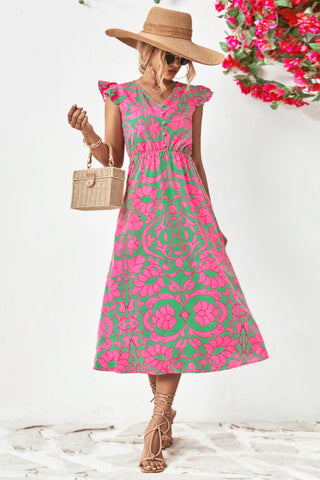 Pink & Green Printed Cap Sleeve Dress