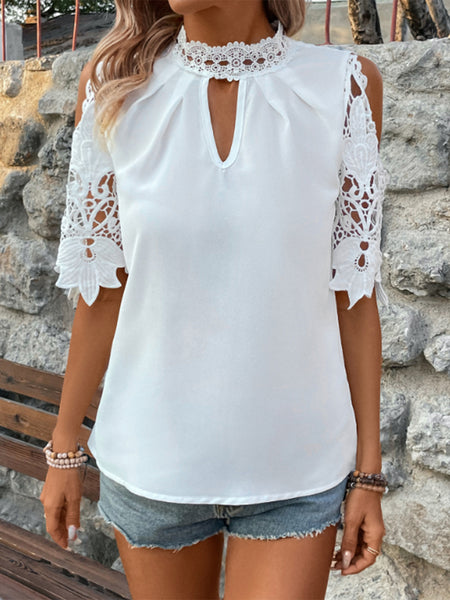 White Lace Mock Neck Cold Shoulder Top