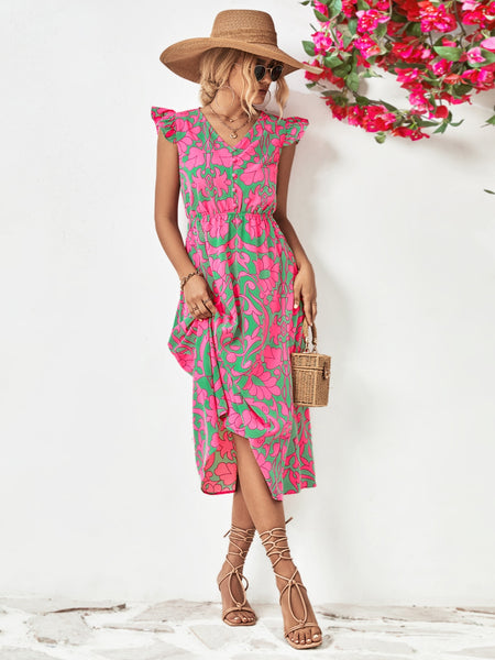 Pink & Green Printed Cap Sleeve Dress