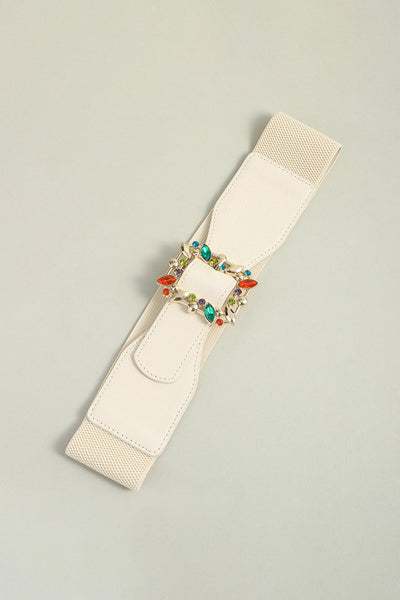 Ivory Multicolored Gem Buckle Elastic Belt