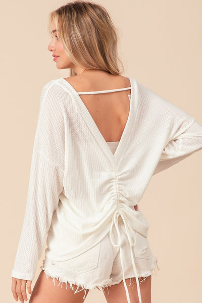 White Waffled Backless Drawstring Long Sleeve Top