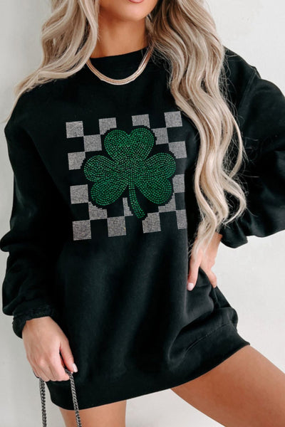 Rhinestone Checkered Lucky Clover Sweatshirt