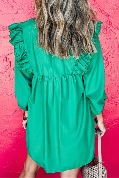 Green Embroidered Three-Quarter Sleeve Dress