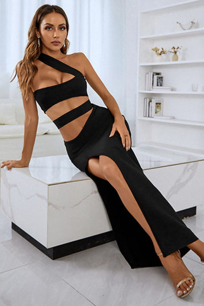 Black One-Shoulder Cutout Front Split Maxi Dress