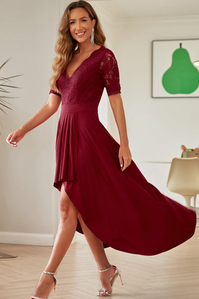 V-Neck Lace Half Sleeve High-Low Dress