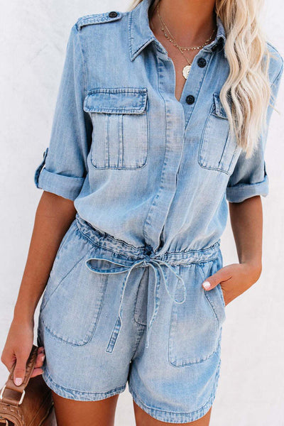 Drawstring Half Button Half Sleeve Denim Romper