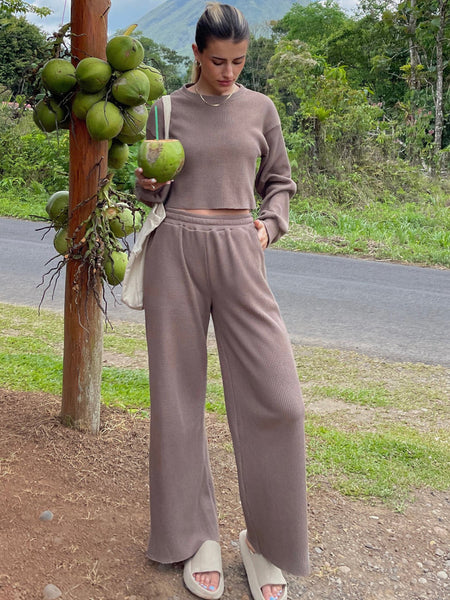 Waffle Knit Round Neck Top and Pants Set