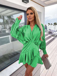 Satin Long Sleeve Lantern Sleeve Mini Dress