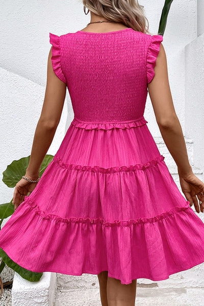 Hot Pink Smocked Deep V Dress