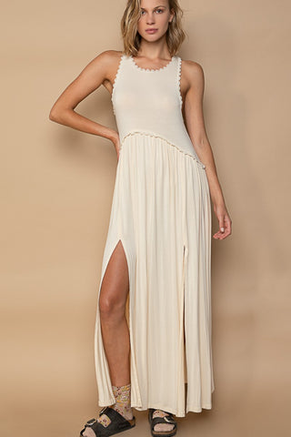 Cream Sleeveless Front Slit Maxi Dress