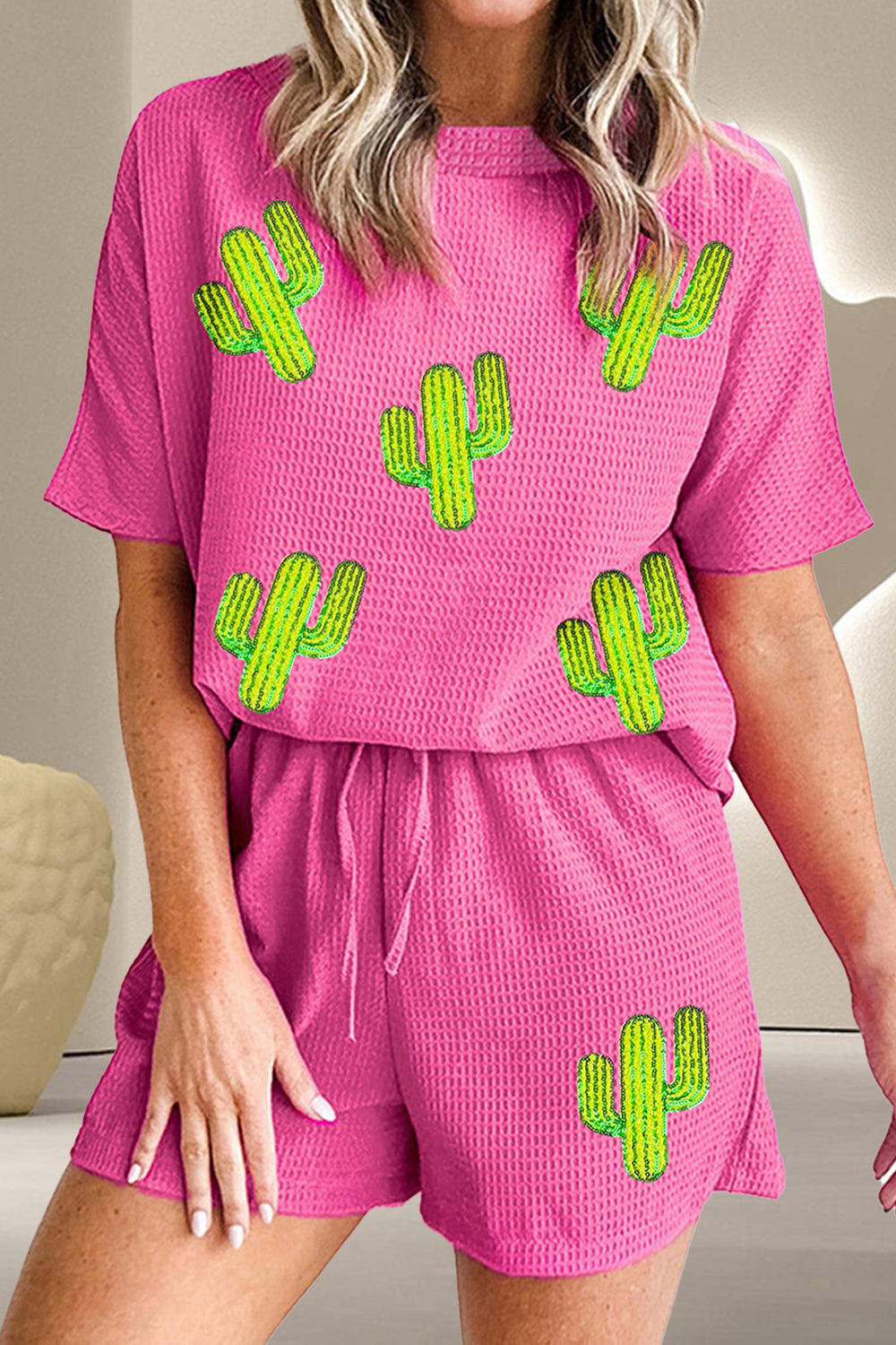 Waffle-Knit Sequins Cactus Top and Shorts Set