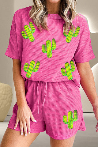 Waffle-Knit Sequins Cactus Top and Shorts Set