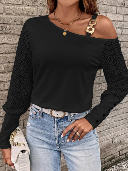 Asymmetrical Neck Lace Long Sleeve Top