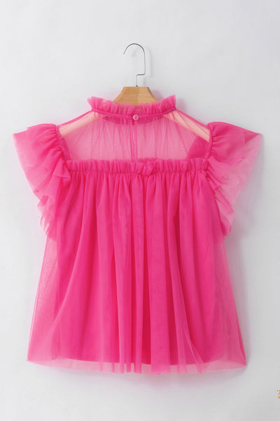 Hot Pink Frill Mock Neck Cap Sleeve Blouse