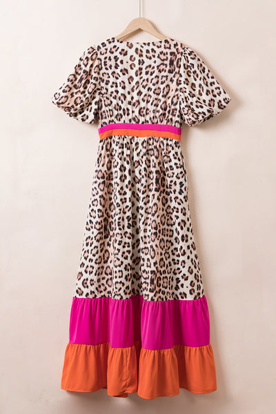 Leopard V-Neck Half Sleeve Maxi Dress+