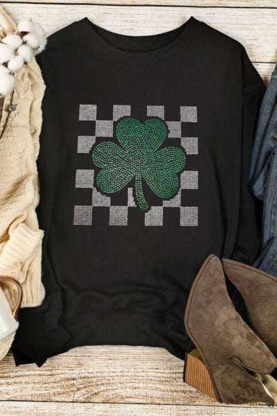 Rhinestone Checkered Lucky Clover Sweatshirt