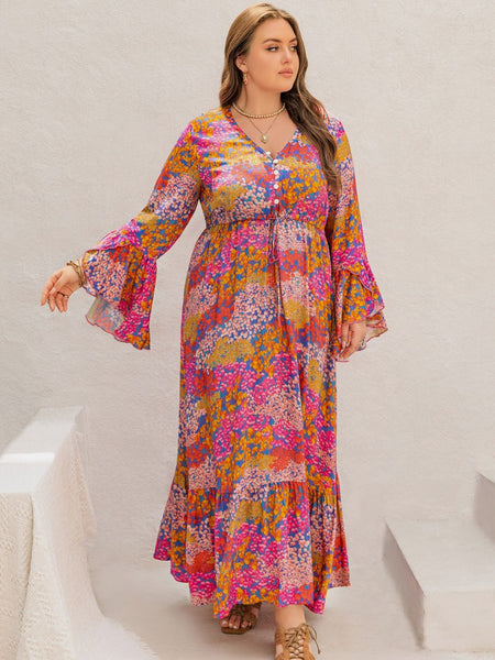 Floral V-Neck Long Sleeve Maxi Dress+