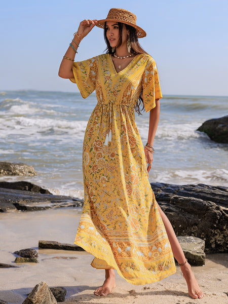 Floral Drawstring Half Sleeve Long Dress