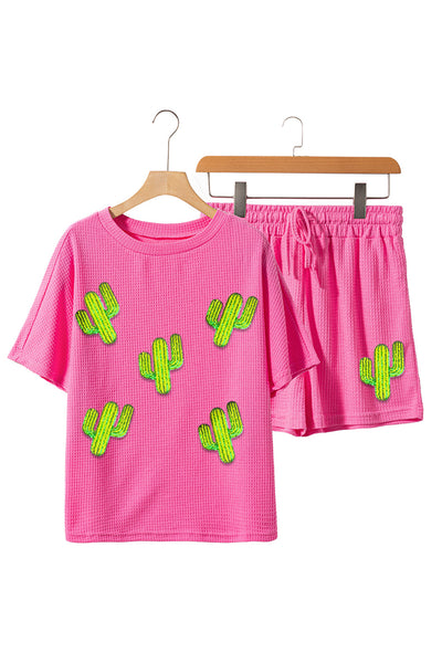 Waffle-Knit Sequins Cactus Top and Shorts Set