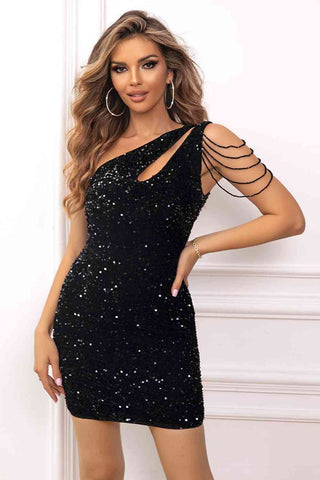 Black Sequins One-Shoulder Mini Dress