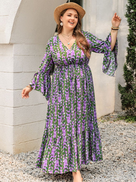 Floral V-Neck Long Sleeve Maxi Dress+