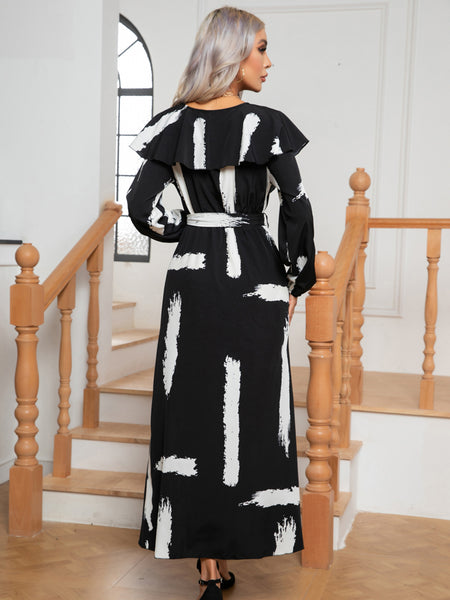 Black & White Abstract High-Low Long Sleeve Dress