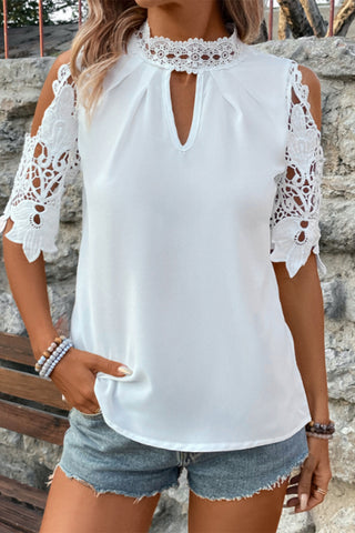 White Lace Mock Neck Cold Shoulder Top