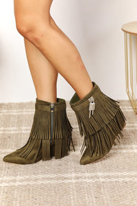 Olive Tassel Wedge Heel Ankle Booties