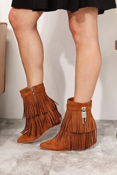 Caramel Tassel Wedge Heel Ankle Booties