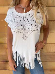 Studded Fringe Cap Sleeve T-Shirt+