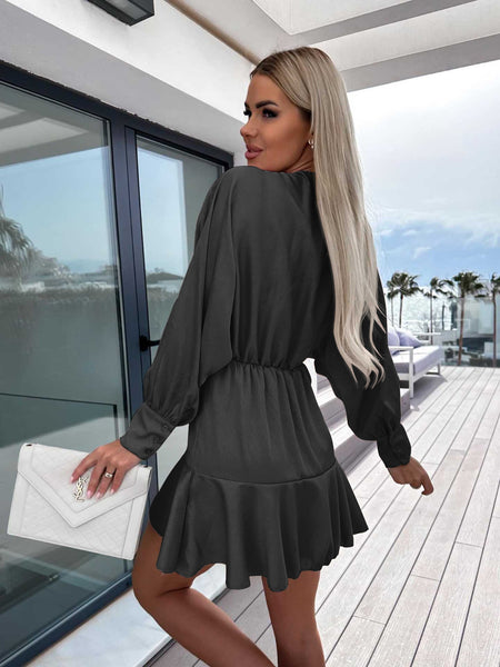 Satin Long Sleeve Lantern Sleeve Mini Dress