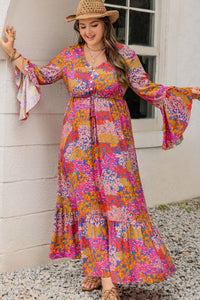 Floral V-Neck Long Sleeve Maxi Dress+