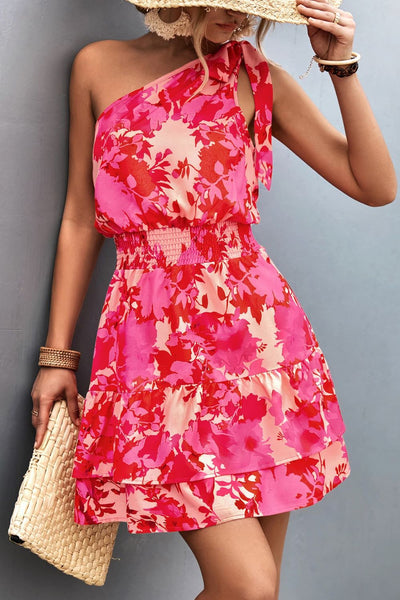 Floral One Shoulder Smocked Dress