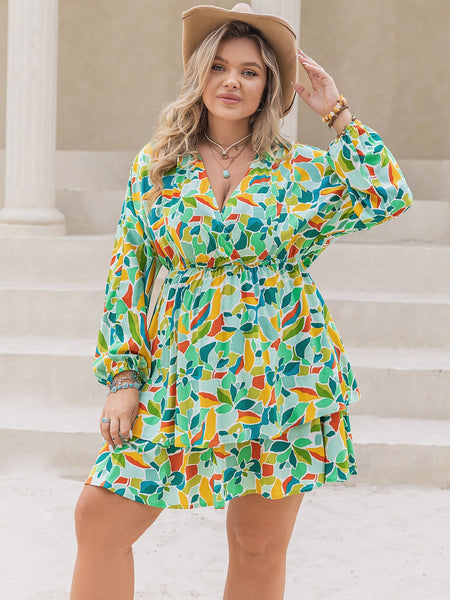 Green Floral Surplice Long Sleeve Mini Dress+