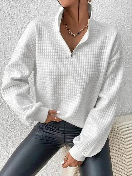 White Waffle Knit Collared Sweatshirt