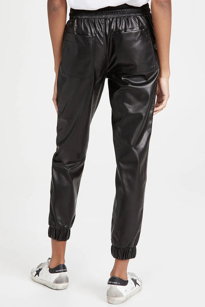 Black Drawstring Vegan Leather Pocketed Pants