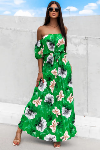 Pleated Floral Off-Shoulder Midi Dress